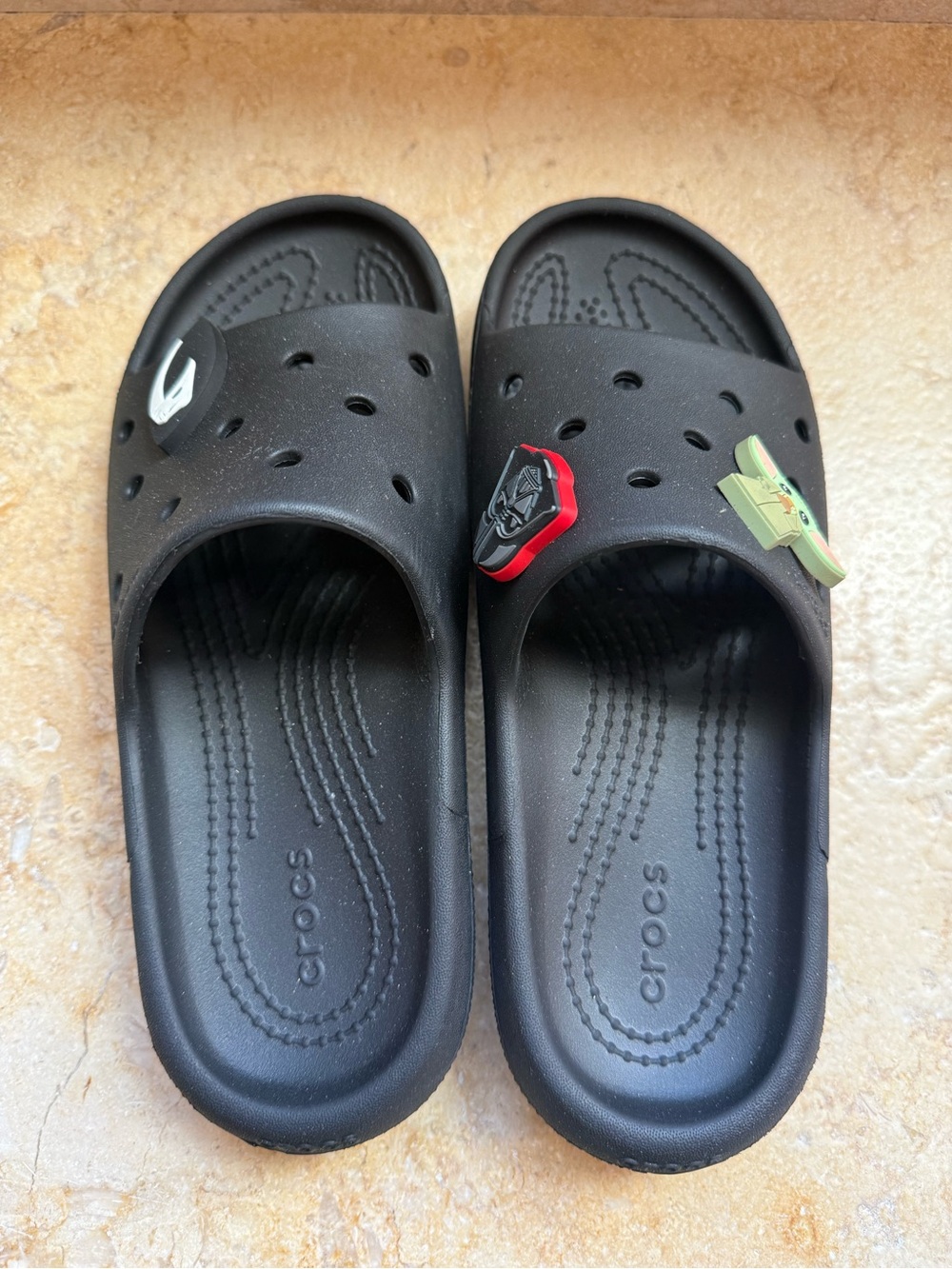 CROCS Kids Black Slide Sandals with Red and Green Jibbitz